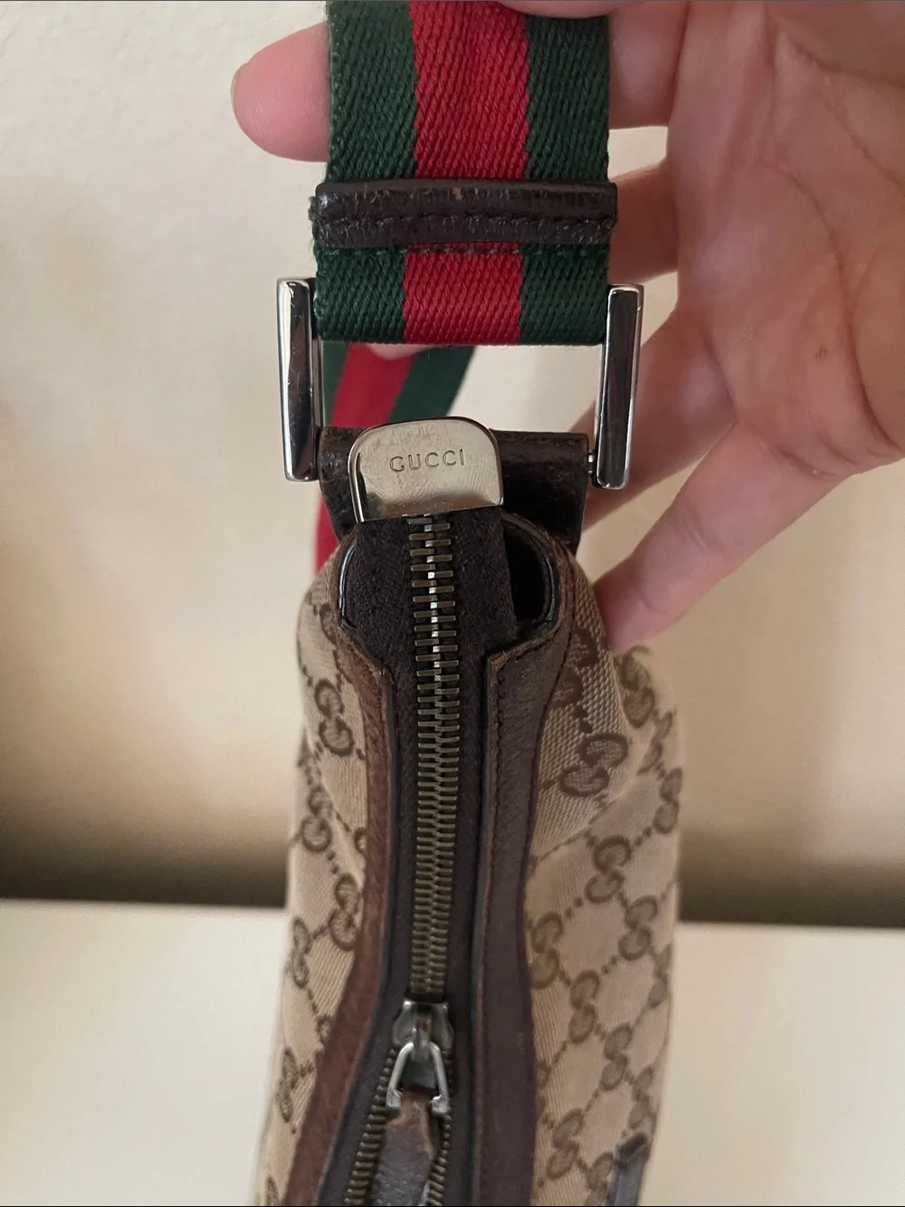 Gucci Beige/Brown GG Canvas Hobo with Green and Red Web Strap